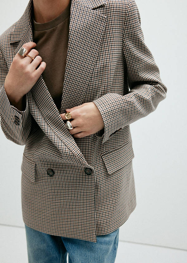 Double-breasted micro-houndstooth jacket — Brown