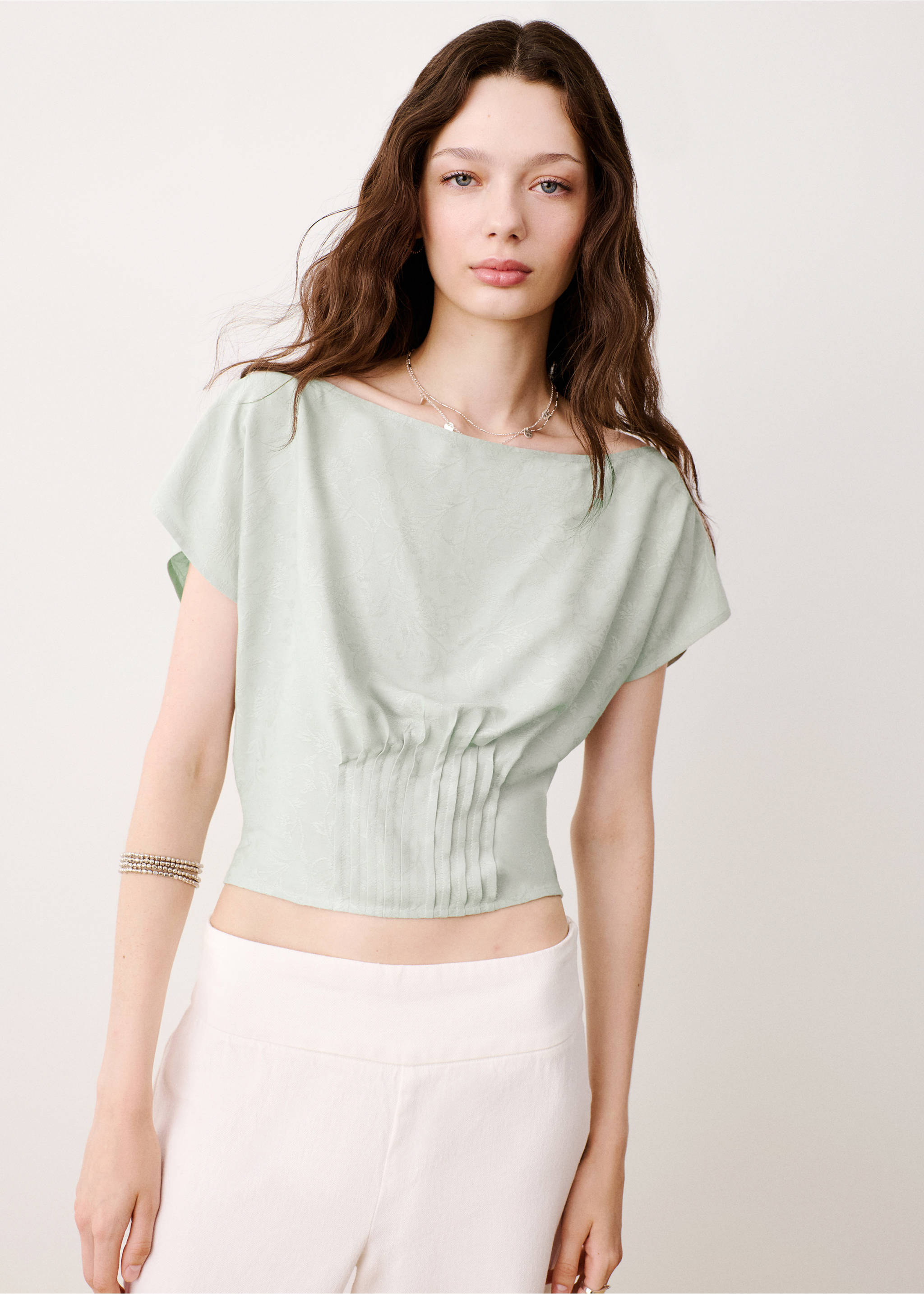 Jacquard blouse with pleated detail - Medium plane, Mint Green. Ref: 37094097-00.