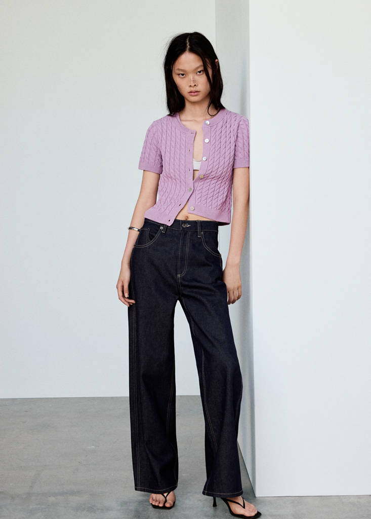 Short-sleeve cable-knit cardigan — Light/Pastel Purple