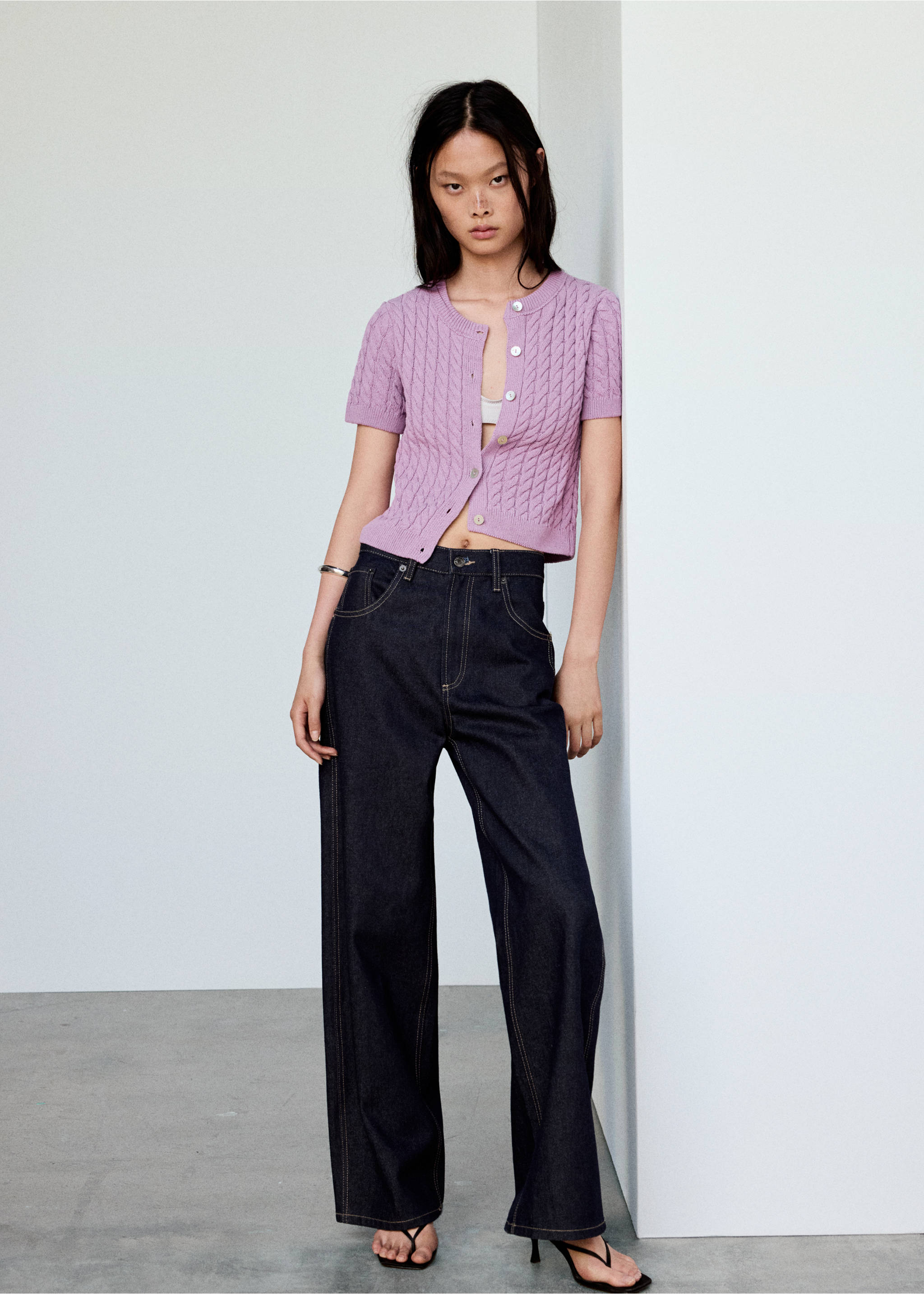 Cable-knit short-sleeve cardigan - General plane, Light/Pastel Purple. Ref: 37094105-00.