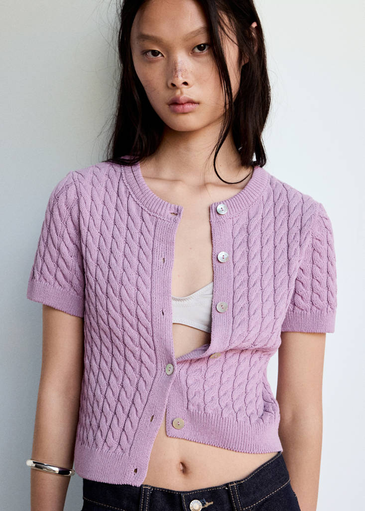 Short-sleeve cable-knit cardigan — Light/Pastel Purple