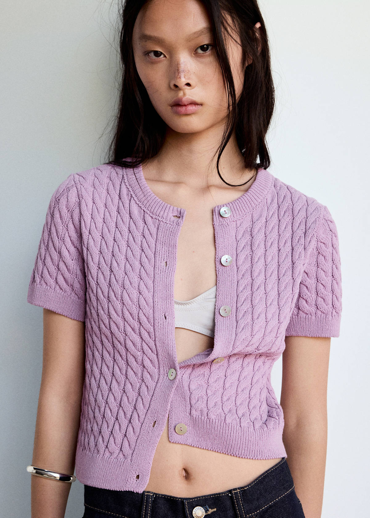 Short-sleeve cable-knit cardigan — Light/Pastel Purple