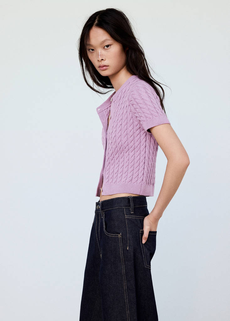Short-sleeve cable-knit cardigan — Light/Pastel Purple