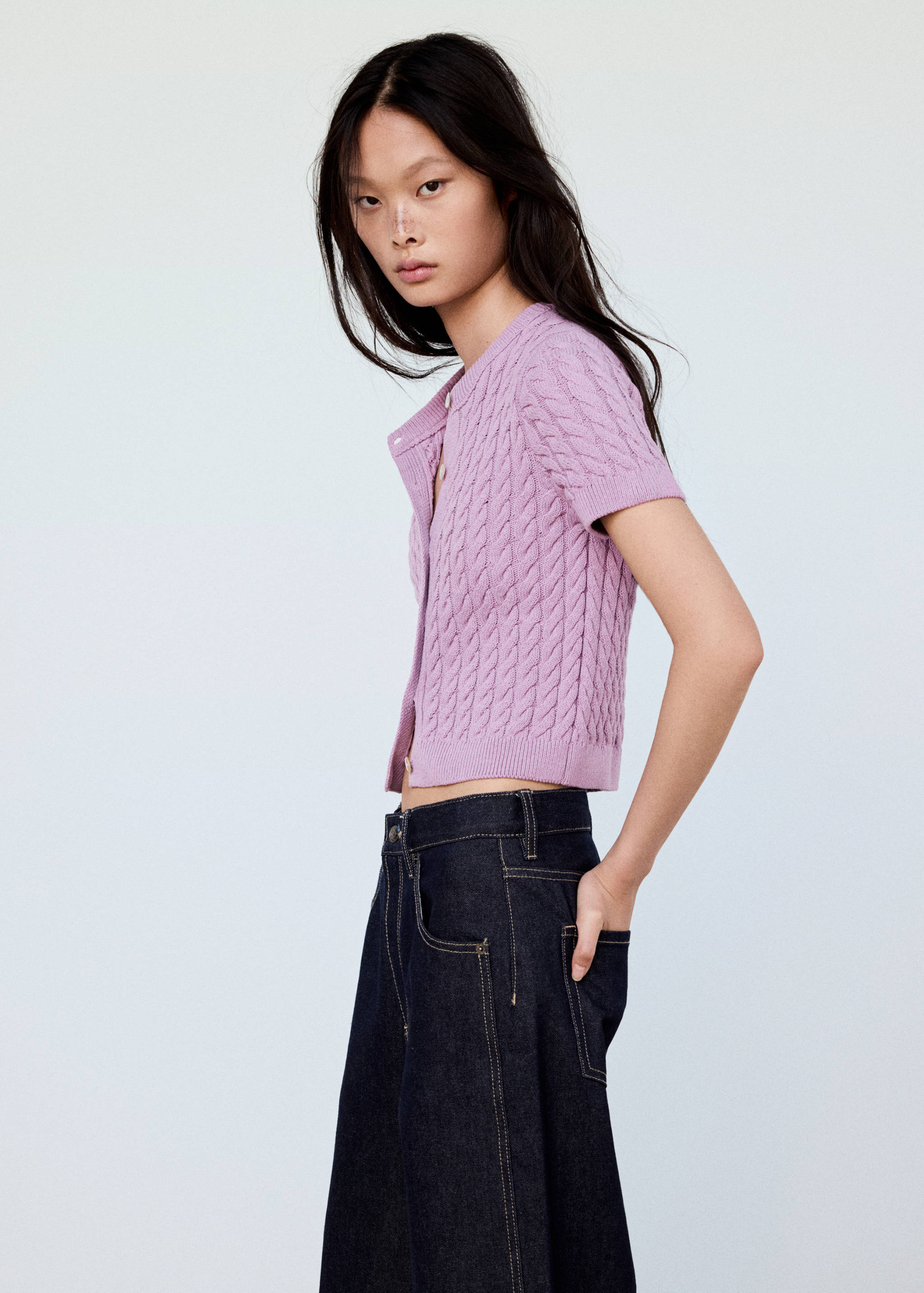 Cable-knit short-sleeve cardigan - Details of the article 1
