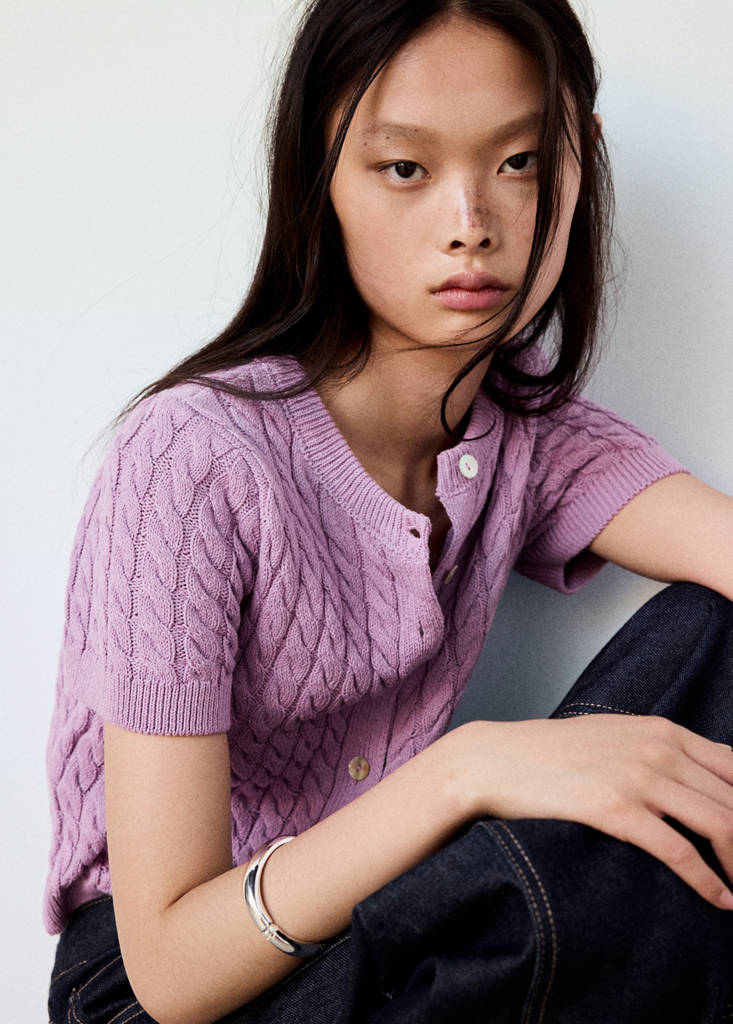 Short-sleeve cable-knit cardigan — Light/Pastel Purple