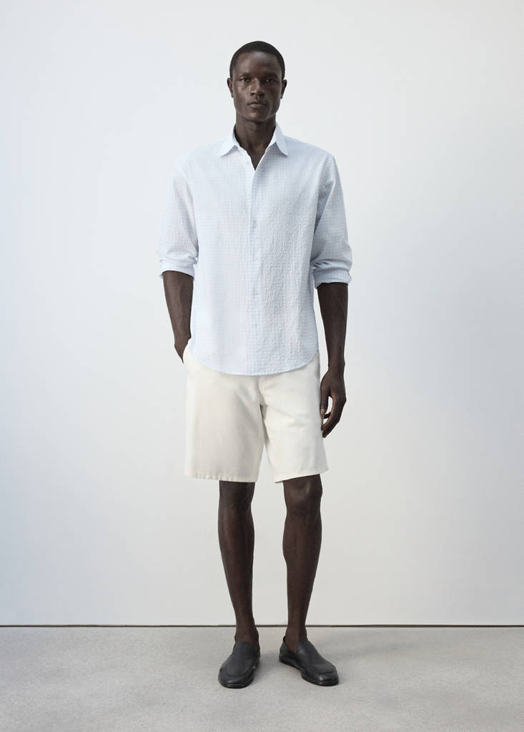 Seersucker cotton slim fit checked shirt — Sky Blue
