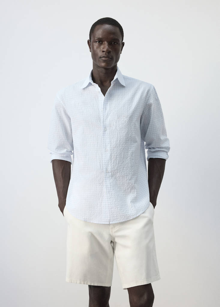 Seersucker cotton slim fit checked shirt — Sky Blue