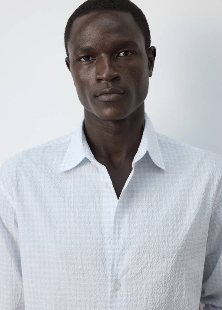 Seersucker cotton slim fit checked shirt — Sky Blue