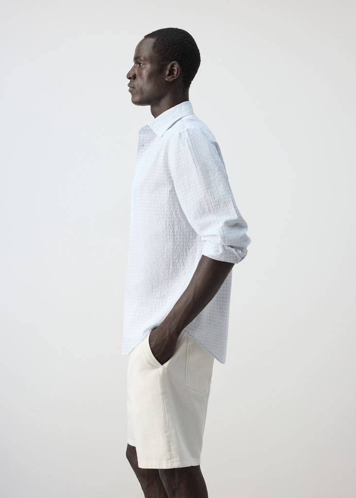 Seersucker cotton slim fit checked shirt — Sky Blue