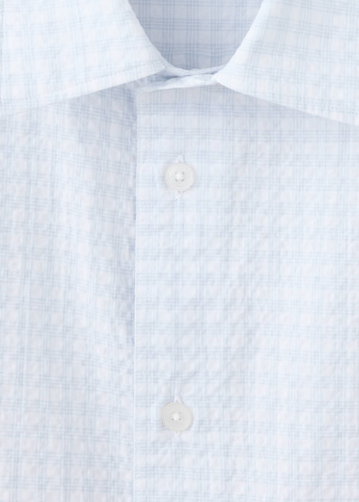 Seersucker cotton slim fit checked shirt — Sky Blue