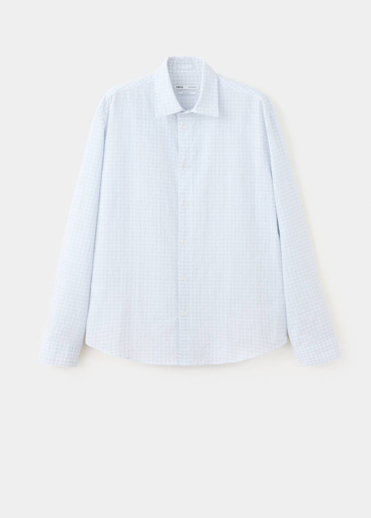 Seersucker cotton slim fit checked shirt — Sky Blue