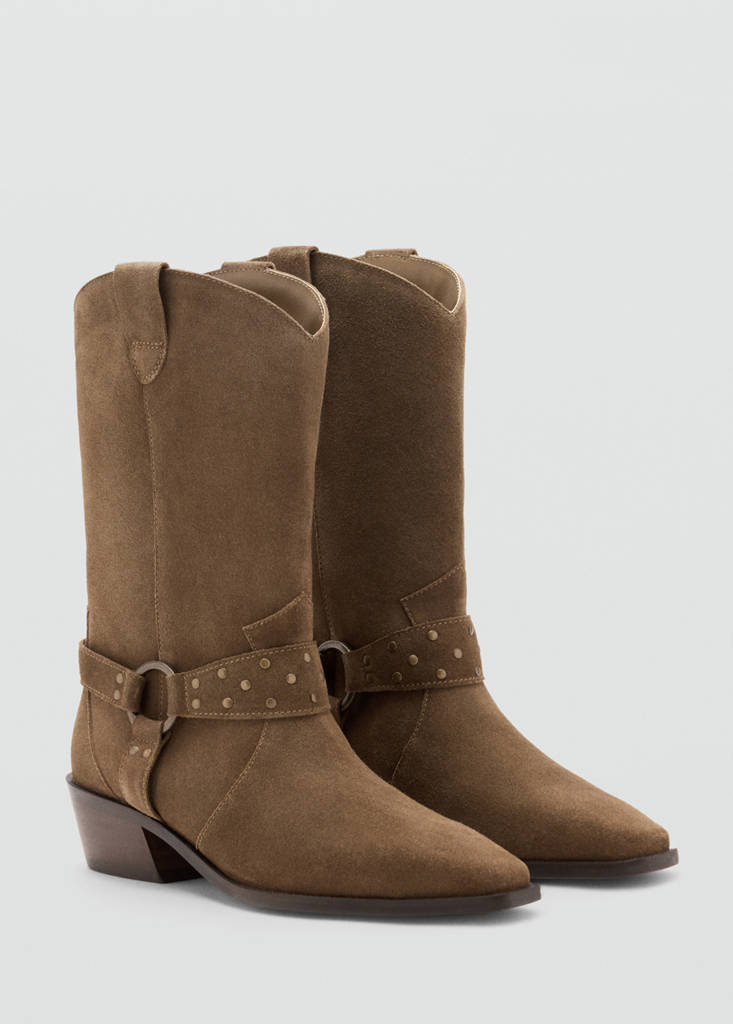 Suede leather boot with strap details — Medium Brown