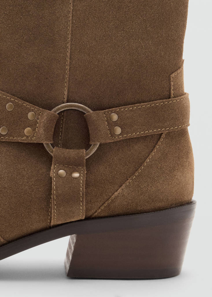 Suede leather boot with strap details — Medium Brown