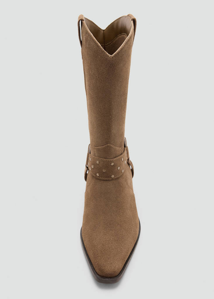 Suede leather boot with strap details — Medium Brown