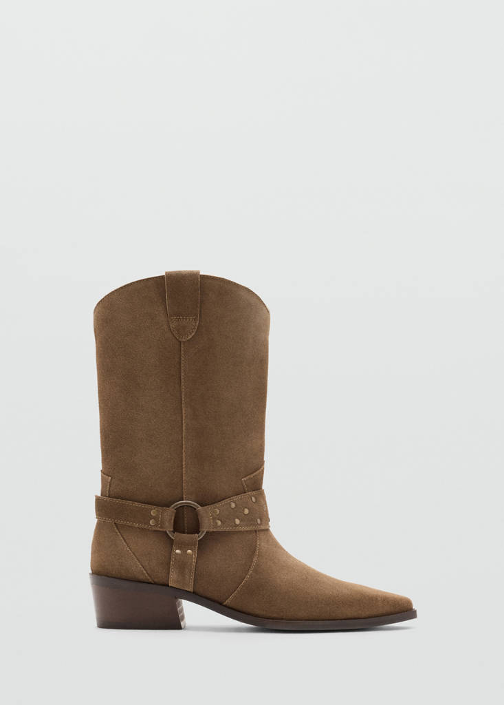 Suede leather boot with strap details — Medium Brown
