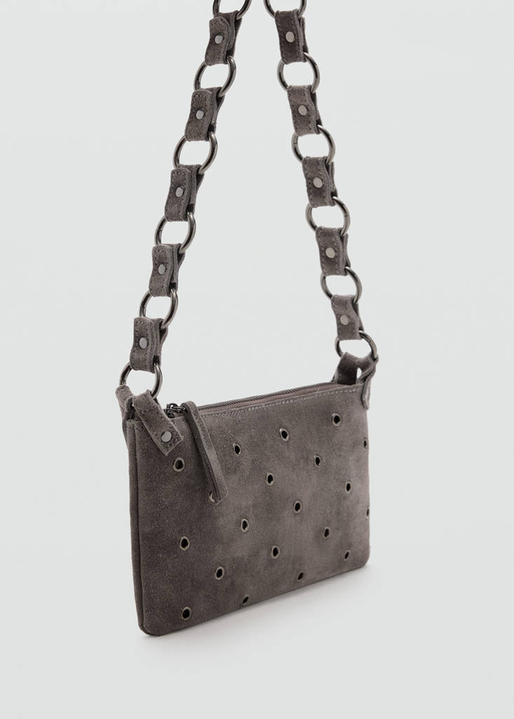 Leather shoulder bag with eyelets — Grey