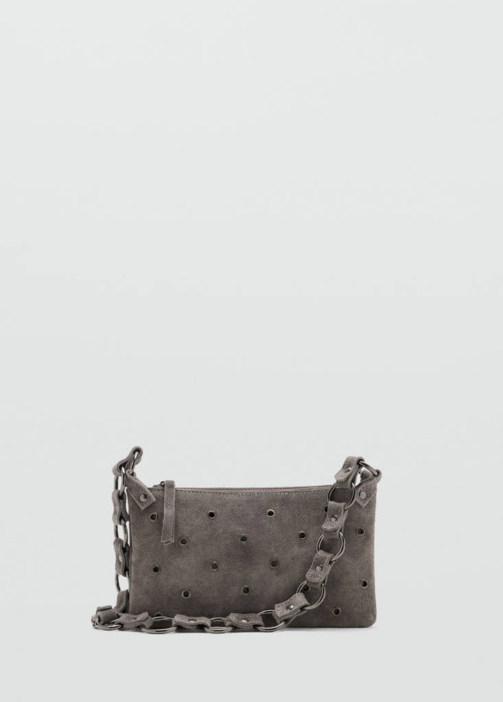 Leather shoulder bag with eyelets — Grey