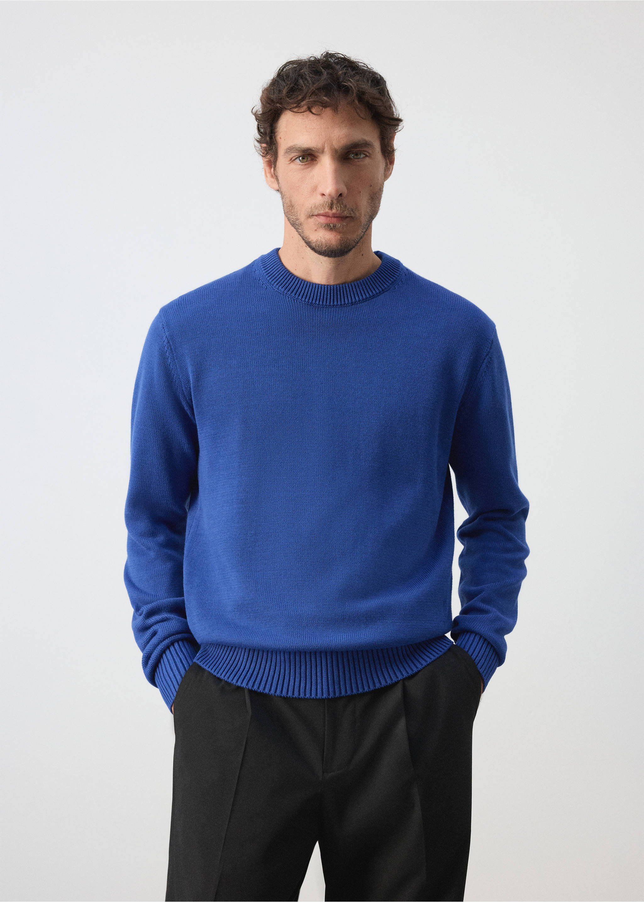 100% cotton mid-weight knit jumper - Medium plane, Blue. Ref: 37094422-00.