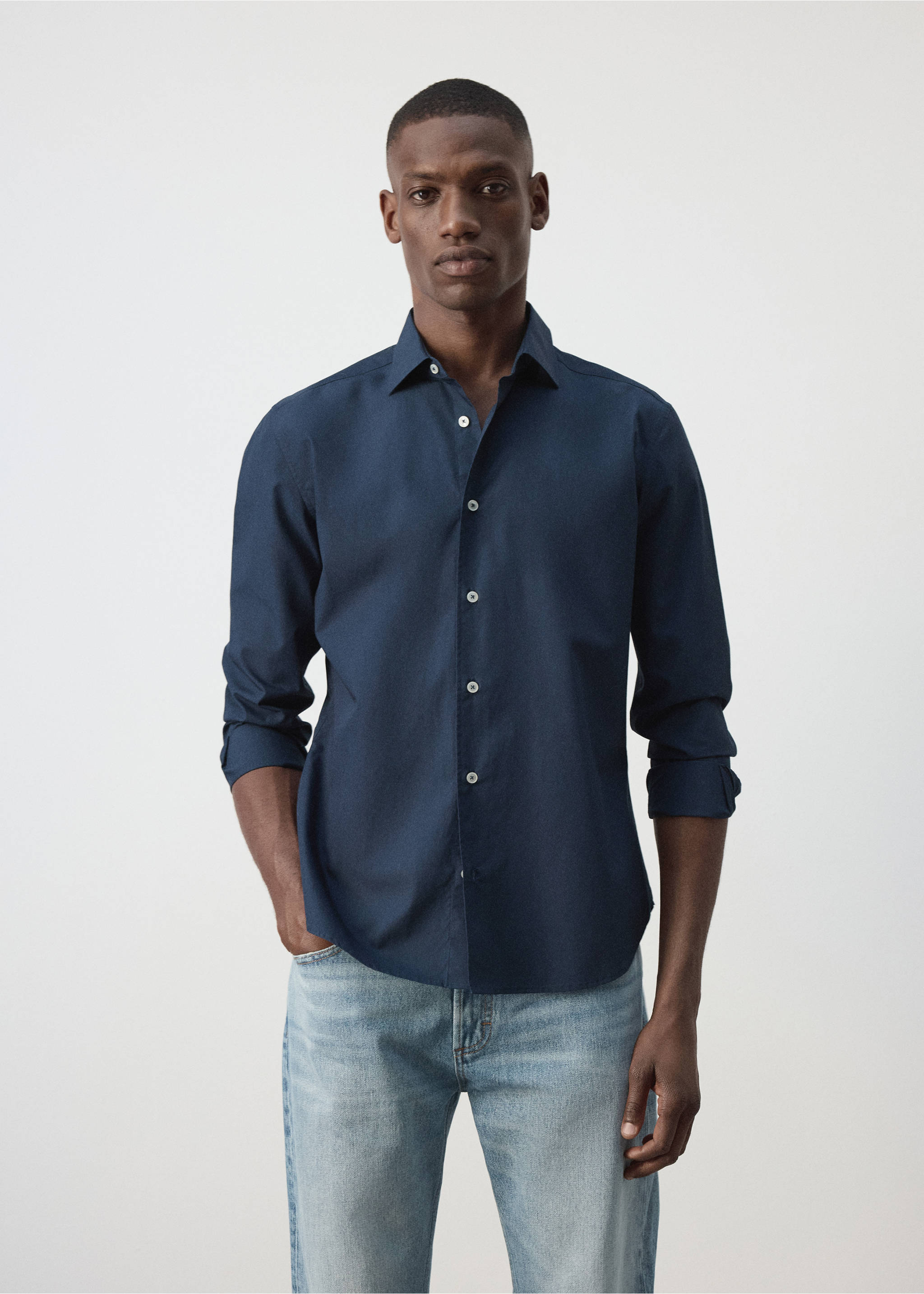 Regular-fit 100% cotton shirt - Medium plane, Navy. Ref: 37094431-00.