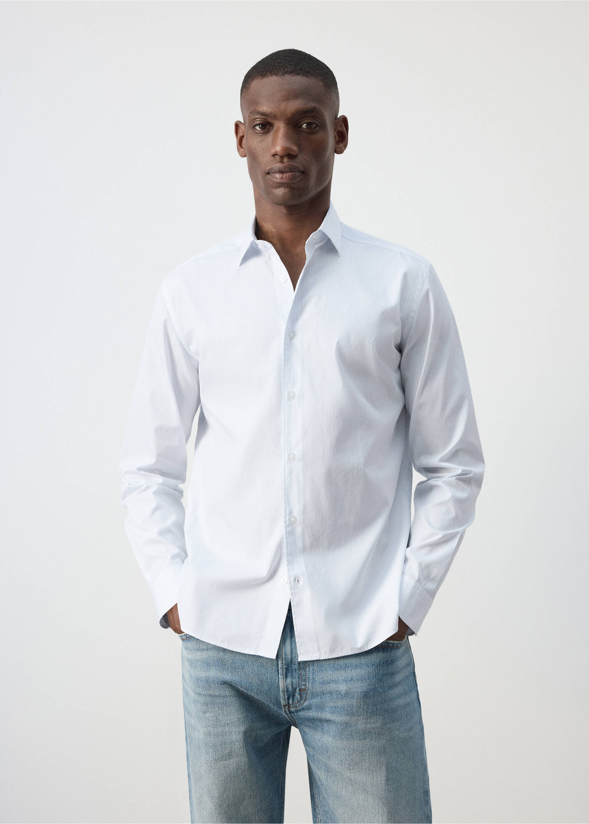 Regular fit striped cotton shirt - Medium plane, White. Ref: 37094439-00.