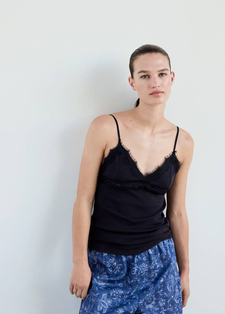 Openwork cotton top with lace detail — Navy
