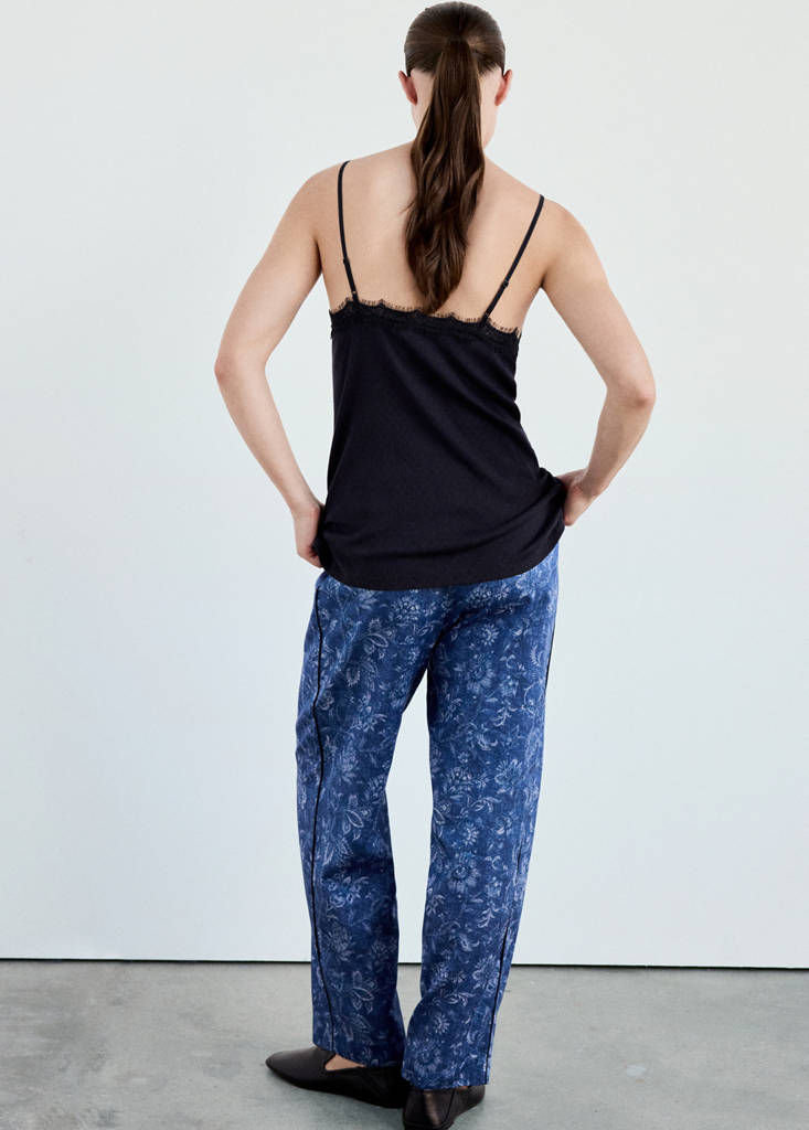Openwork cotton top with lace detail — Navy