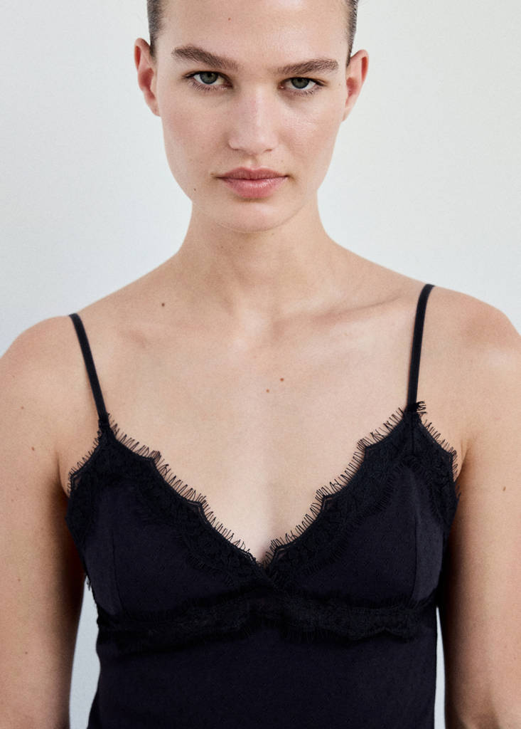 Openwork cotton top with lace detail — Navy