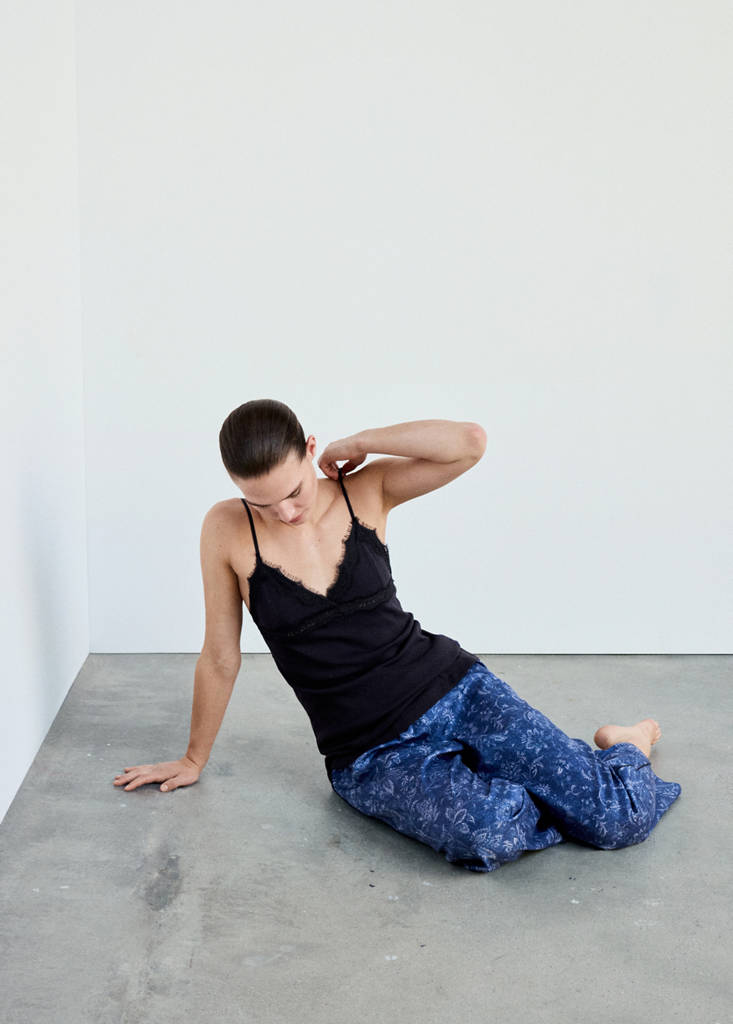 Openwork cotton top with lace detail — Navy