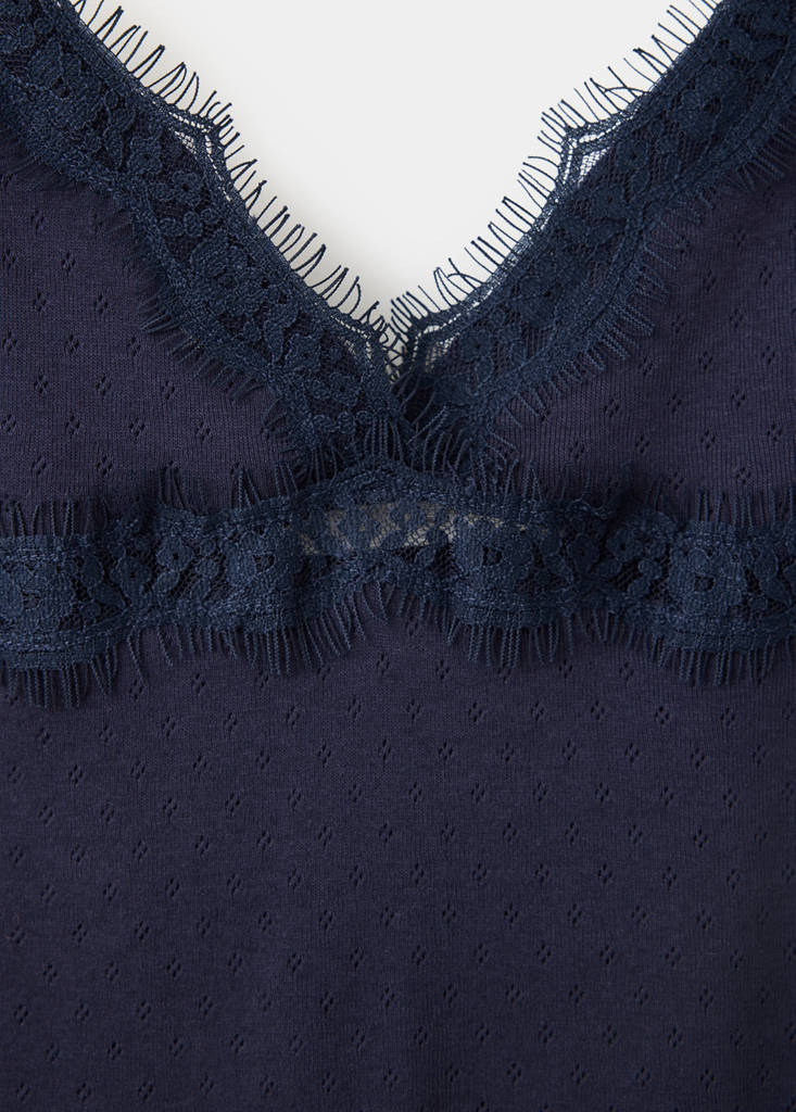 Openwork cotton top with lace detail — Navy