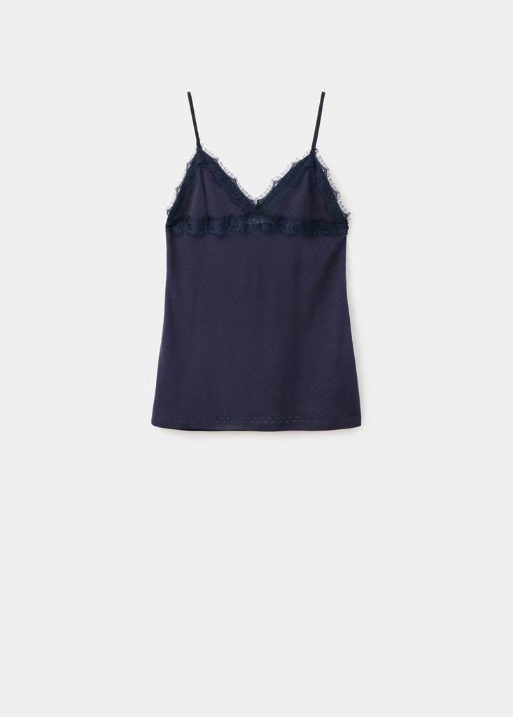 Openwork cotton top with lace detail — Navy