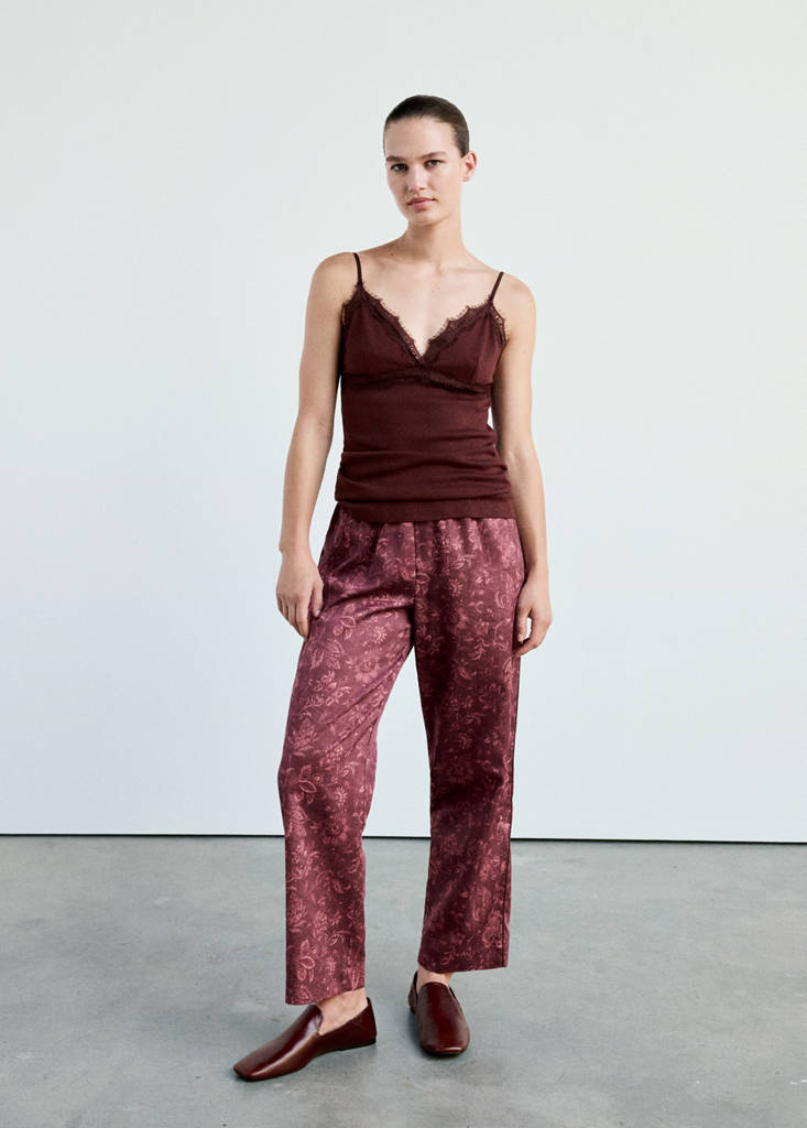 Openwork cotton top with lace detail — Burgundy