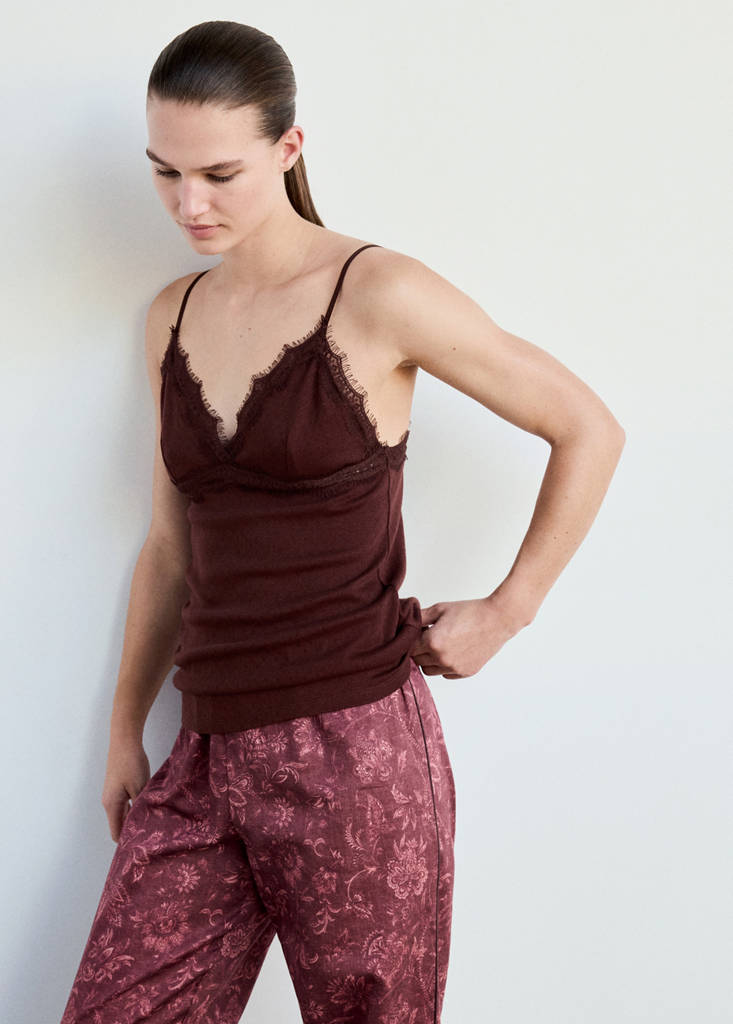 Openwork cotton top with lace detail — Burgundy