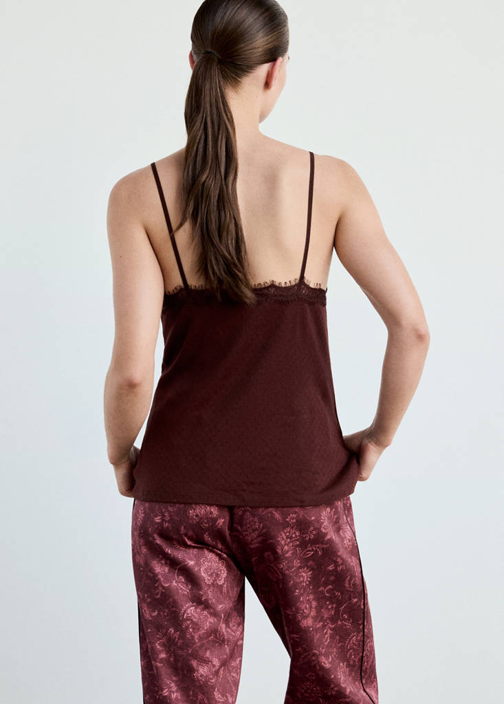 Openwork cotton top with lace detail — Burgundy