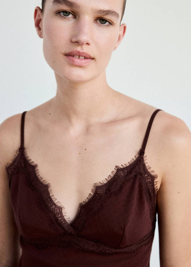 Openwork cotton top with lace detail — Burgundy