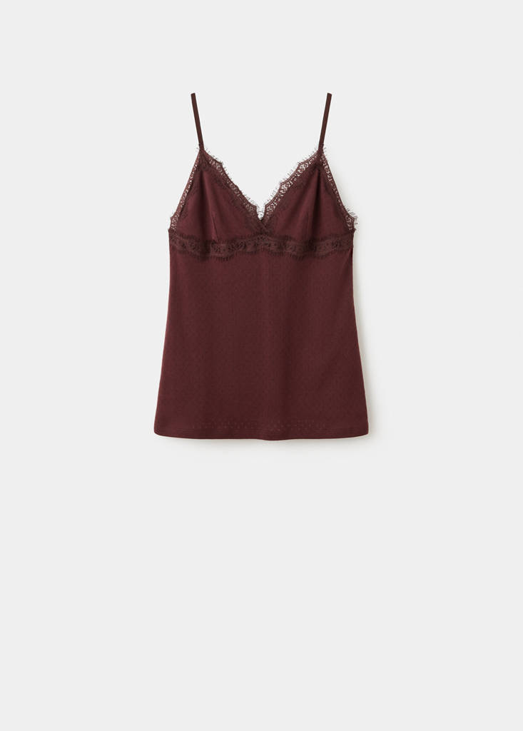 Openwork cotton top with lace detail — Burgundy