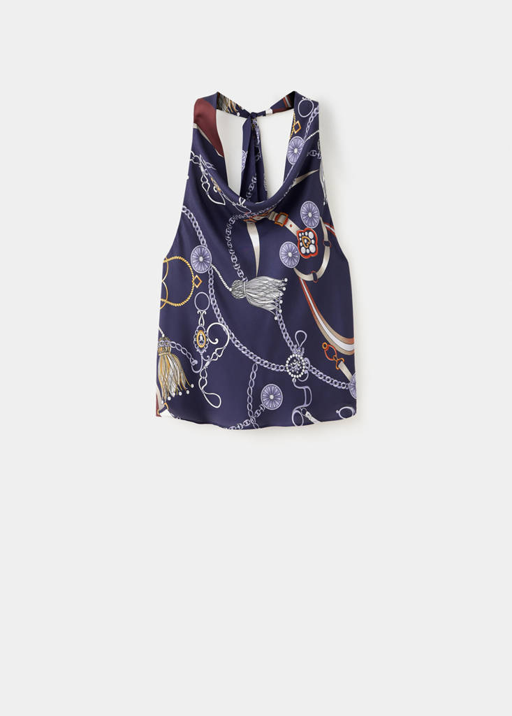Printed halter top with chain detail — Navy