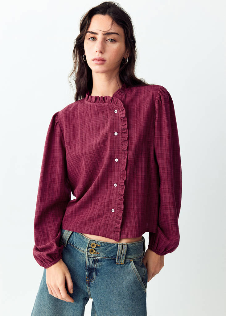 Wrap-front blouse with ruffle detail — Burgundy