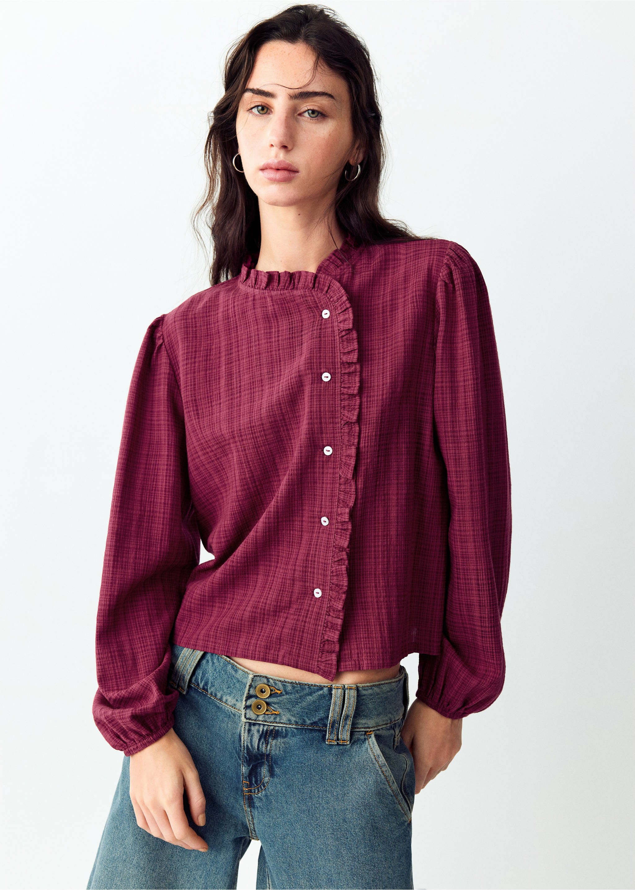 Wrap-front blouse with ruffle detail - Medium plane, Burgundy. Ref: 37094778-00.