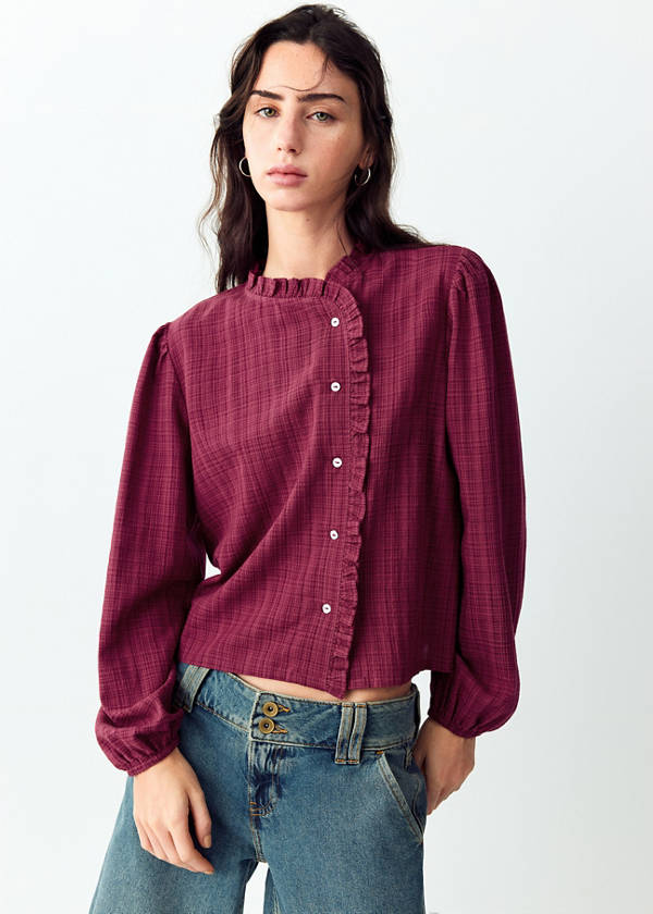 Wrap-front blouse with ruffle detail — Burgundy