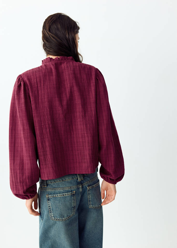 Wrap-front blouse with ruffle detail — Burgundy
