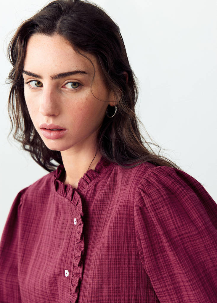 Wrap-front blouse with ruffle detail — Burgundy
