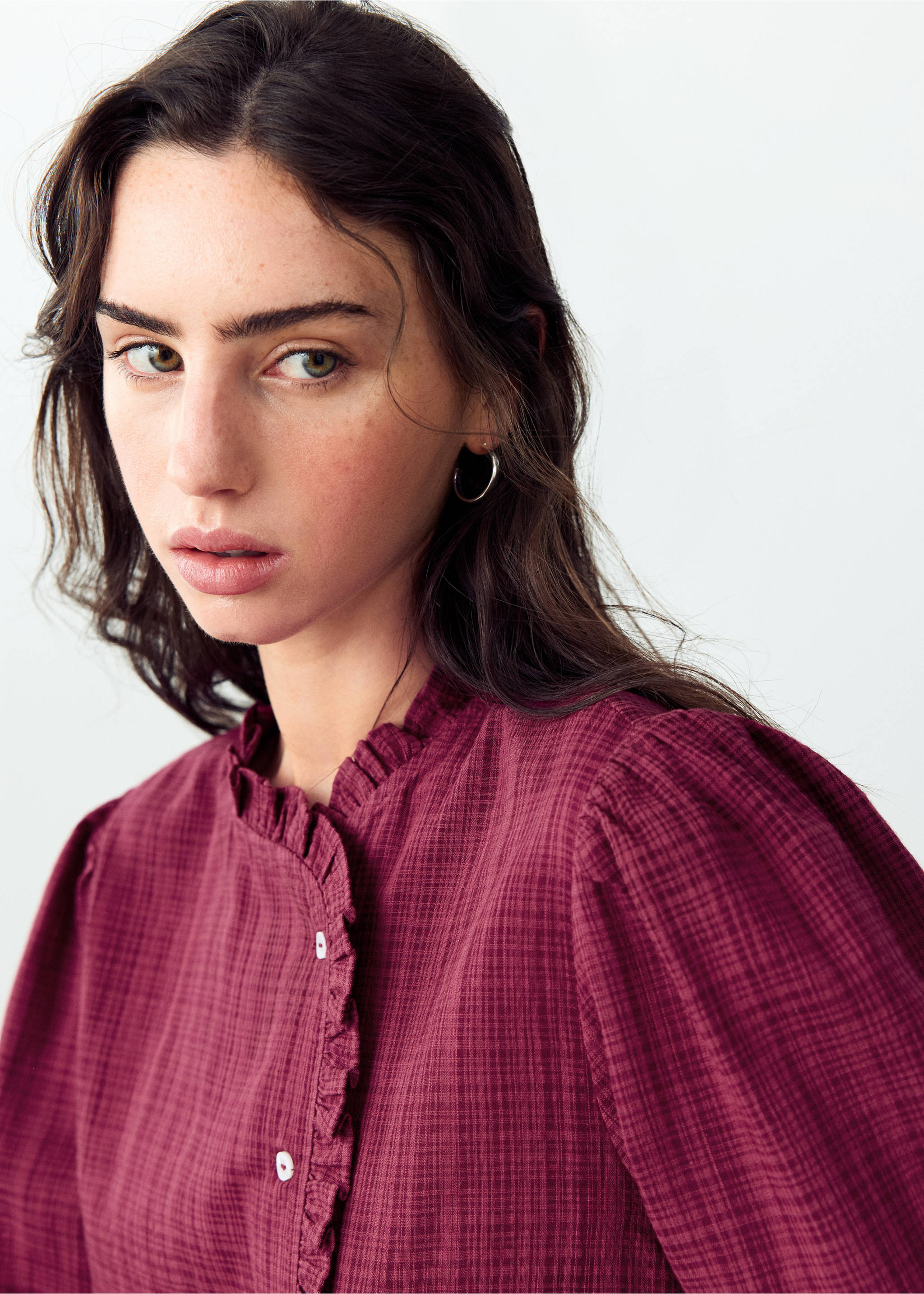 Wrap-front blouse with ruffle detail - Details of the article 1, Burgundy. Ref: 37094778-00.