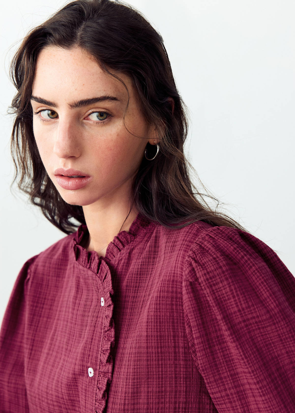 Wrap-front blouse with ruffle detail — Burgundy