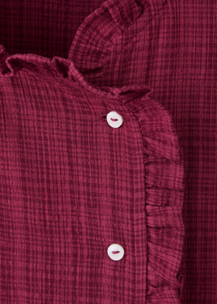 Wrap-front blouse with ruffle detail — Burgundy