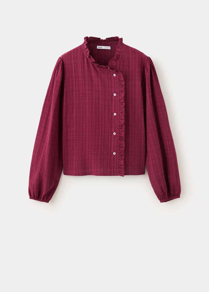 Wrap-front blouse with ruffle detail — Burgundy