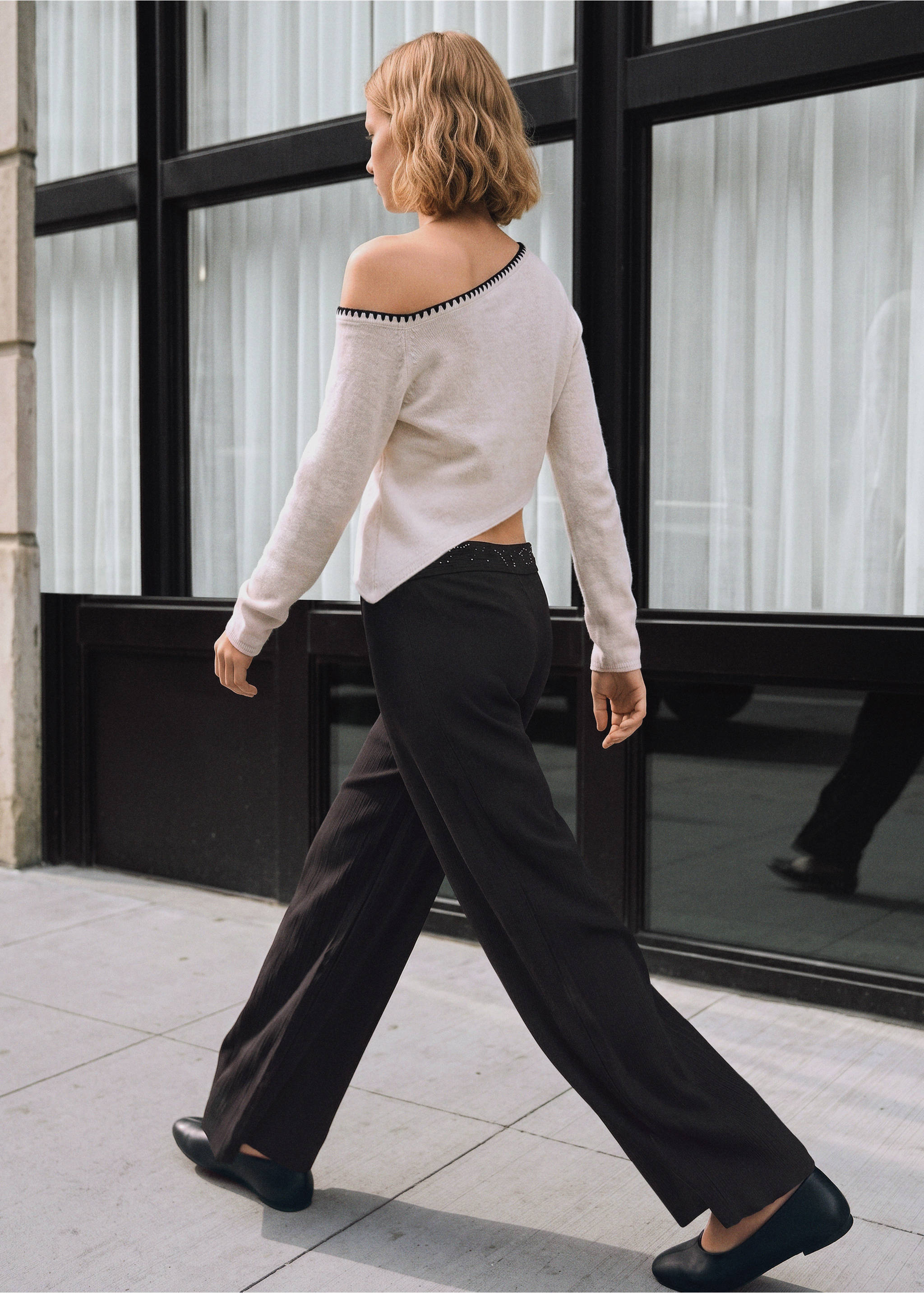 Trousers with embroidered turn-up waistline - Reverse of the article, Charcoal. Ref: 37094787-00.