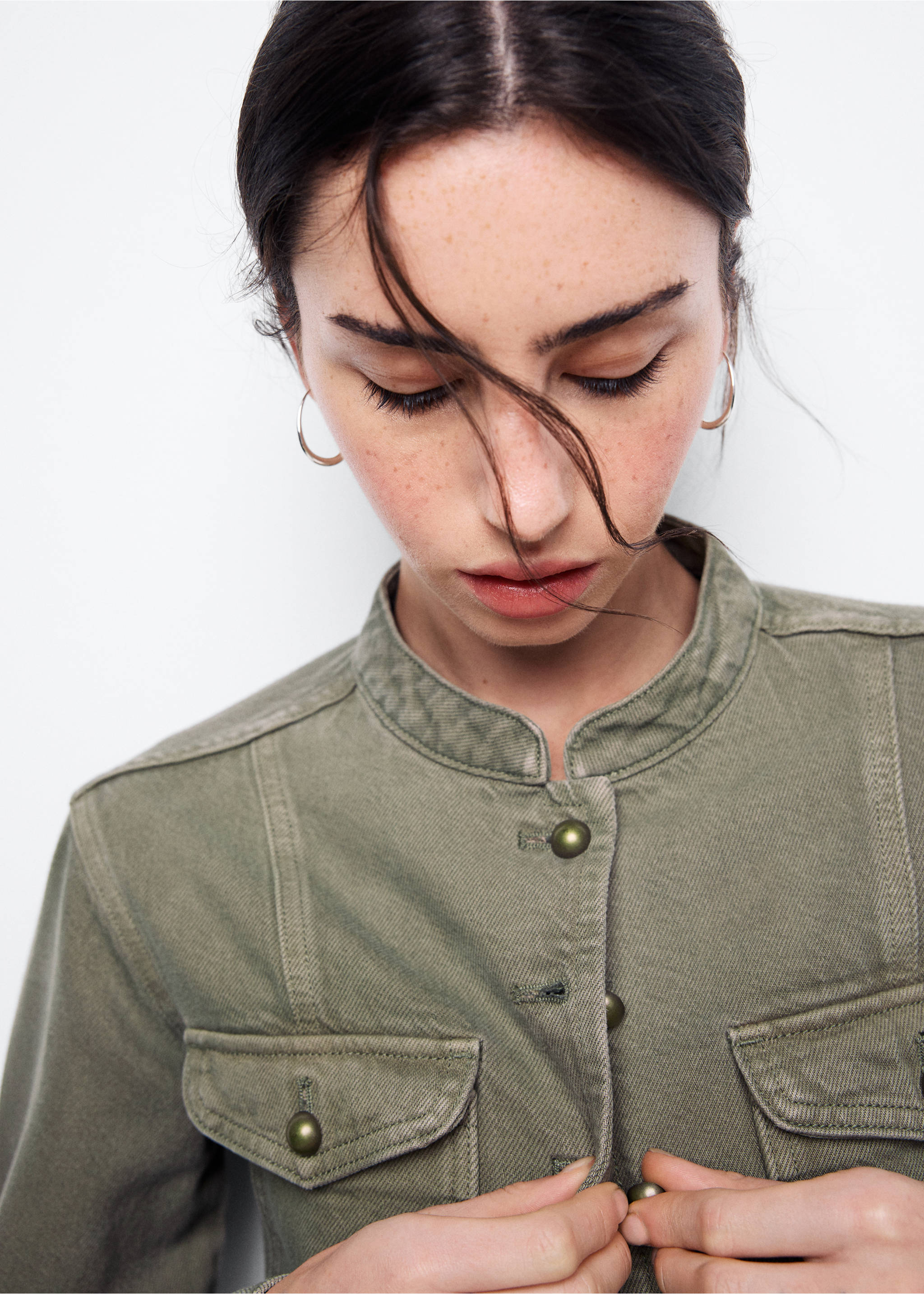Pockets denim jacket - Details of the article 1, Khaki. Ref: 37094793-00.