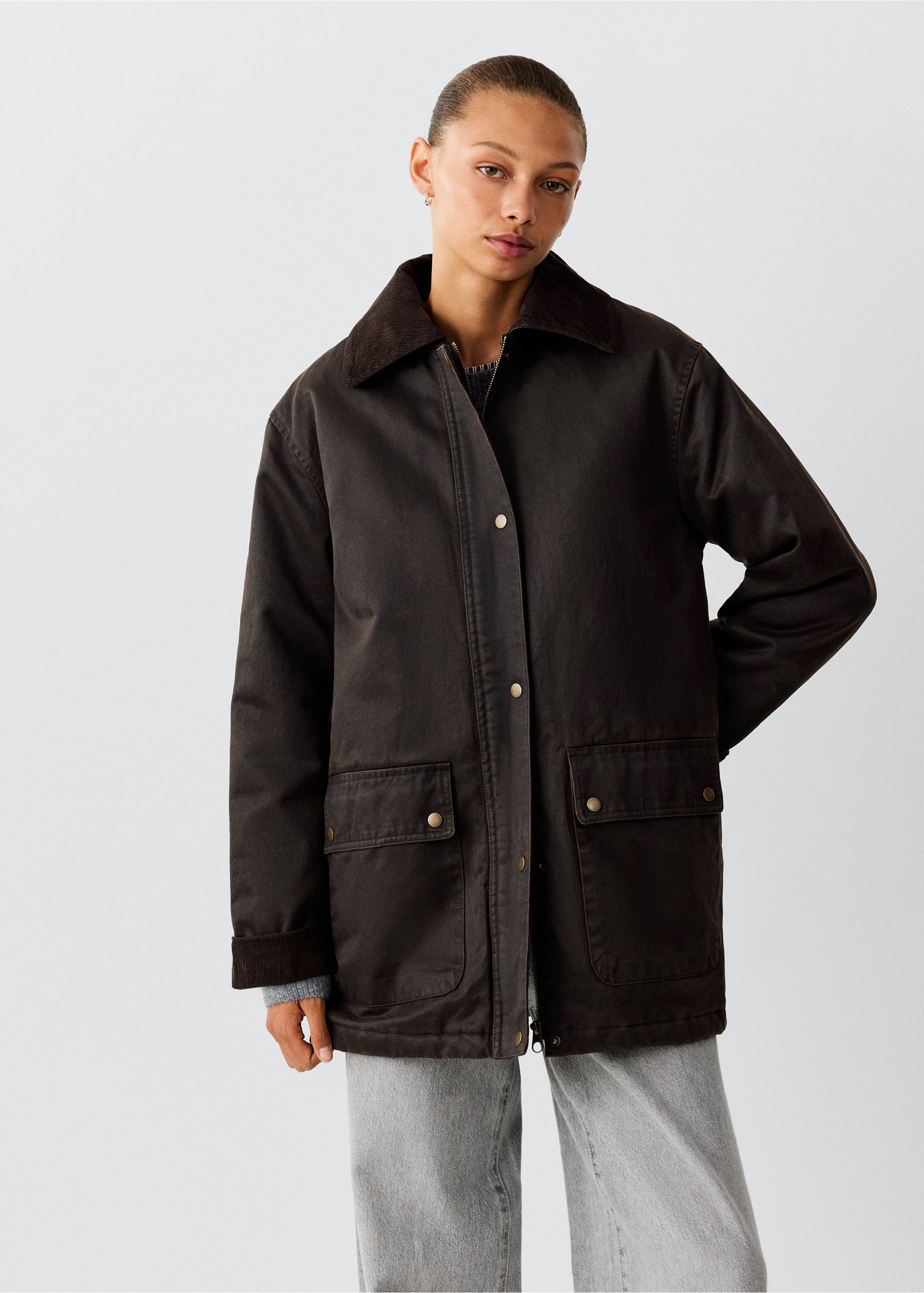 Oversized parka with corduroy collar - Medium plane, Chocolate. Ref: 37095150-00.