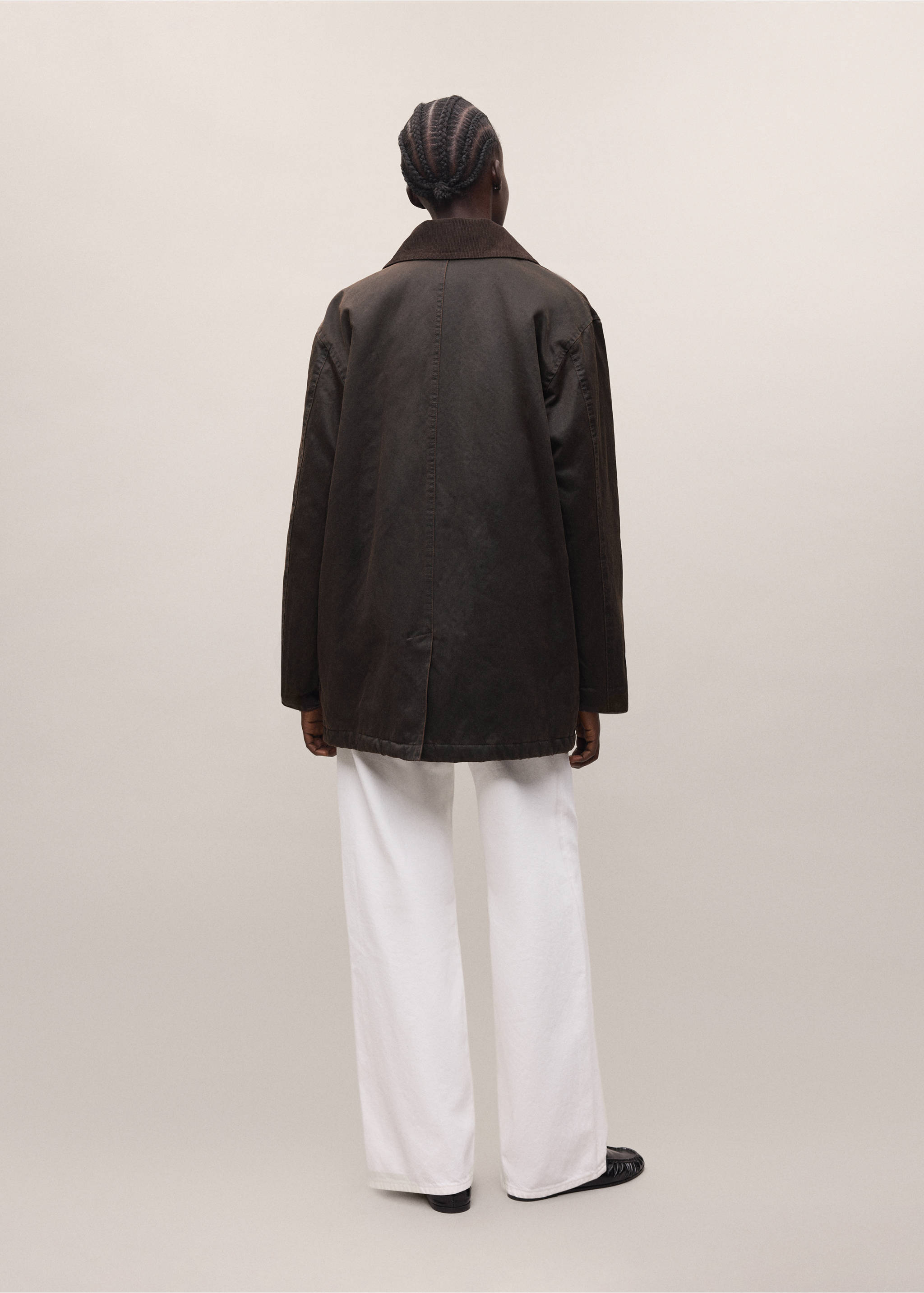 Dark brown parka with corduroy collar, shown from the back., Chocolate. Ref: 37095150-01.