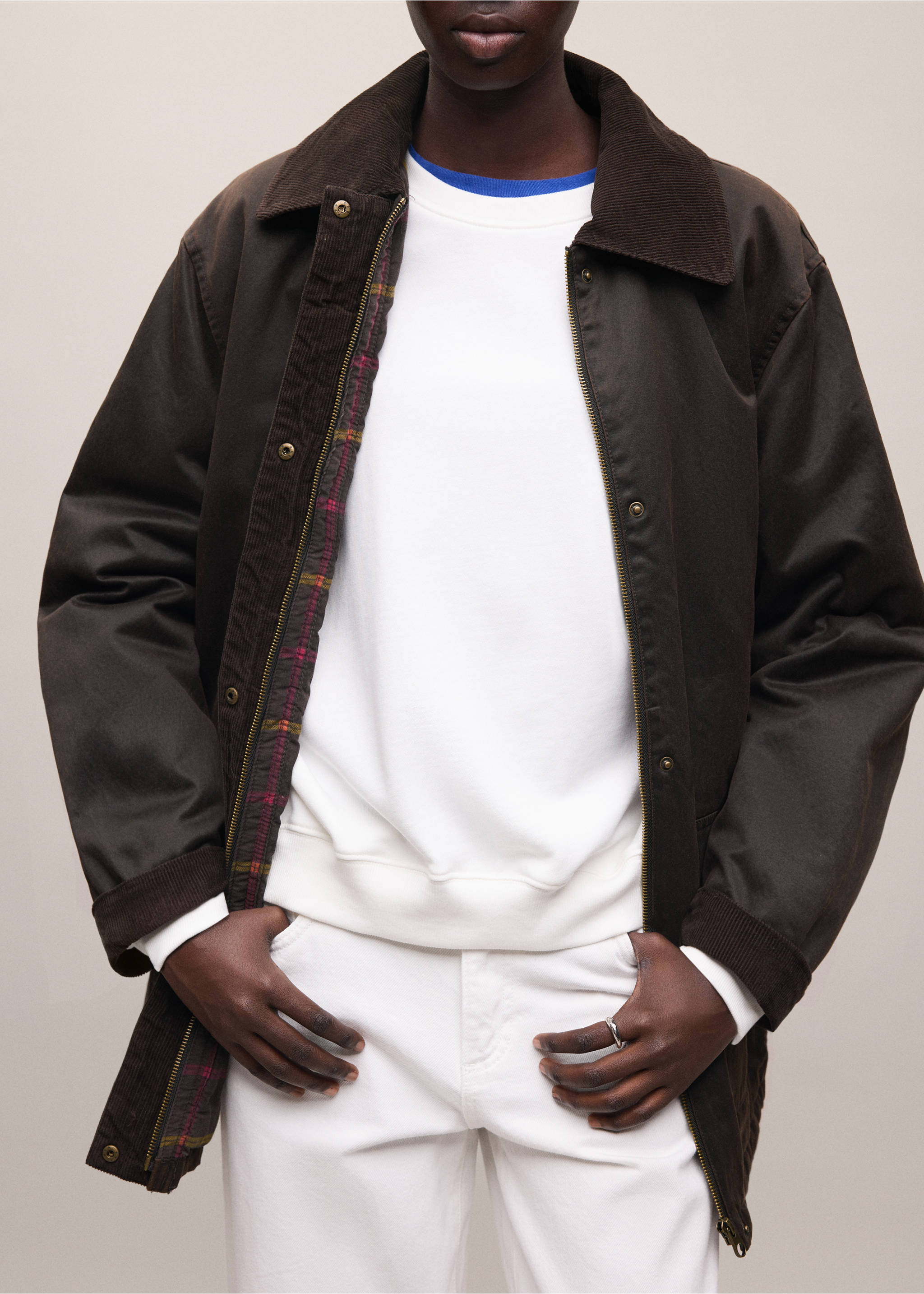 Dark brown parka with a corduroy collar and tartan lining, Chocolate. Ref: 37095150-01.